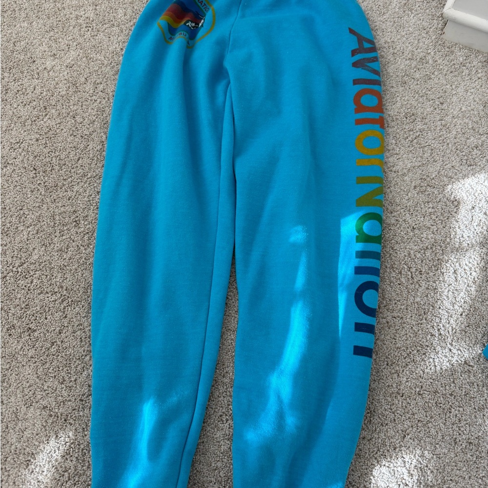 Aviator Nation Vibrant Blue Joggers with Rainbow Detail